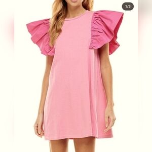 TCEC Candy 🍬 Pink Knit Mini Dress with Ruffle Sleeves Size Large NWOT